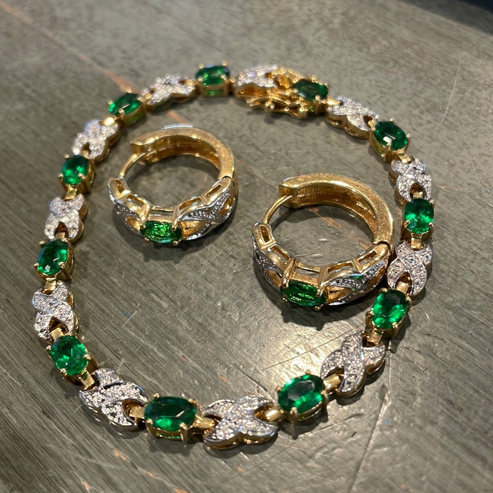 Silver and Gold Diamond Emerald Tennis Bracelet with Matching Hoop Earrings